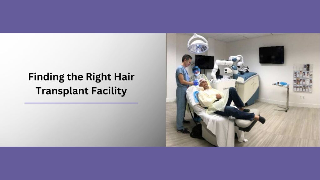 a man laying in a hospital bed with the words " finding the right hair transplant facility " above him