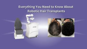 a purple background with a picture of a robotic hair transplant .